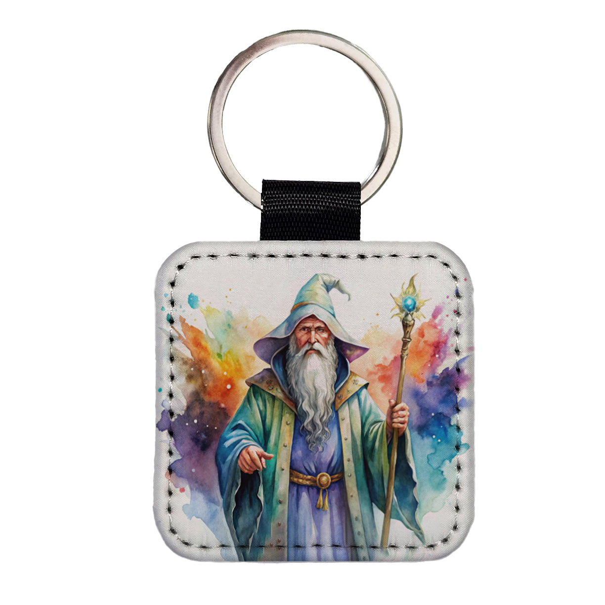 Fantasy Wizard Magician Magic User Watercolor Square Faux Leather Keychain