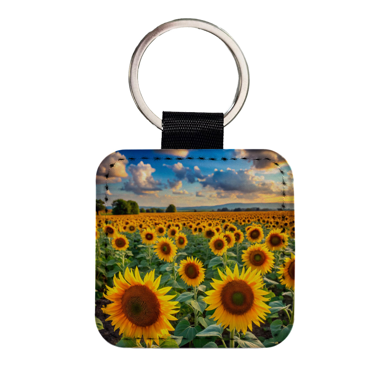 Field Of Sunflowers Square Faux Leather Keychain