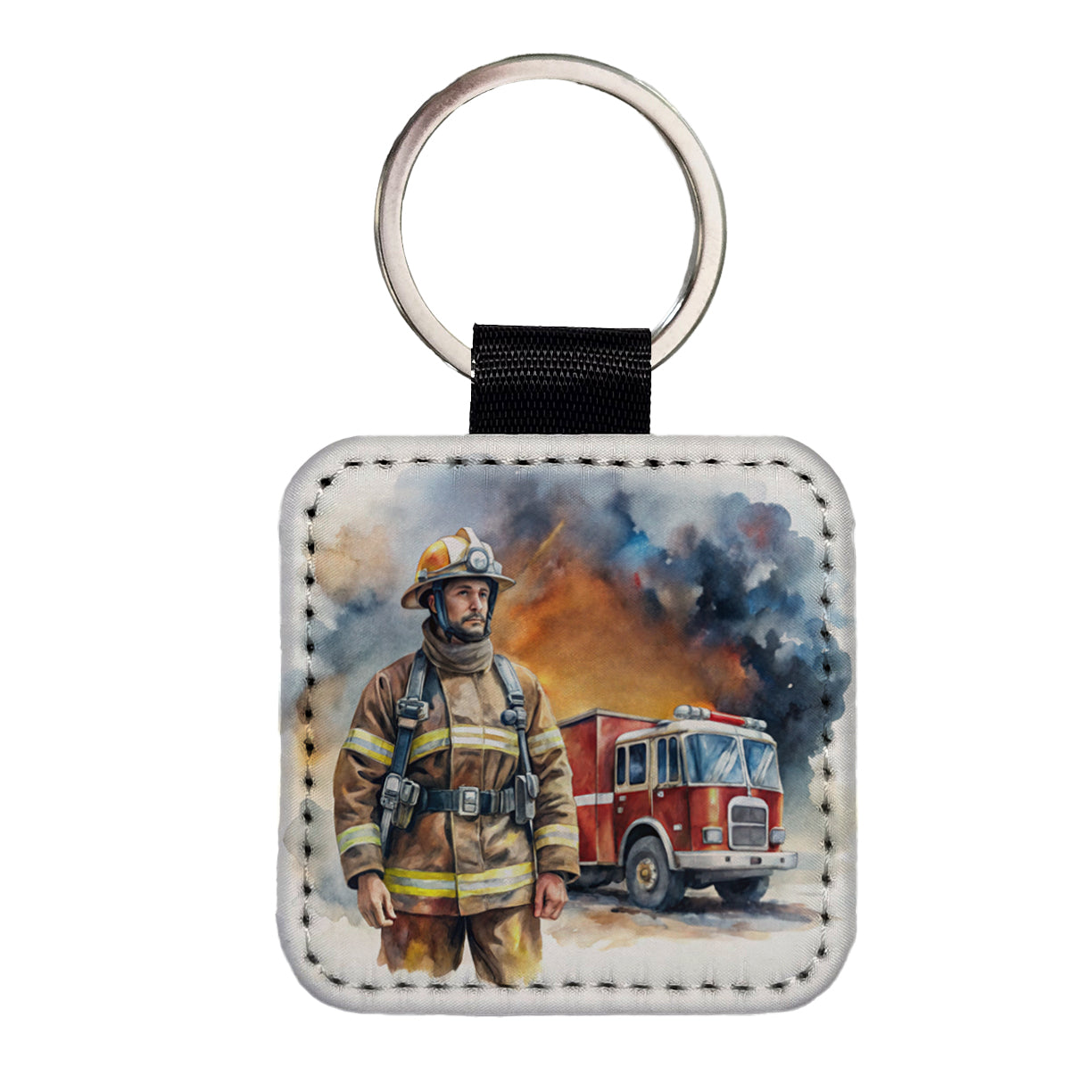 Firefighter and Fire Engine Watercolor Square Faux Leather Keychain