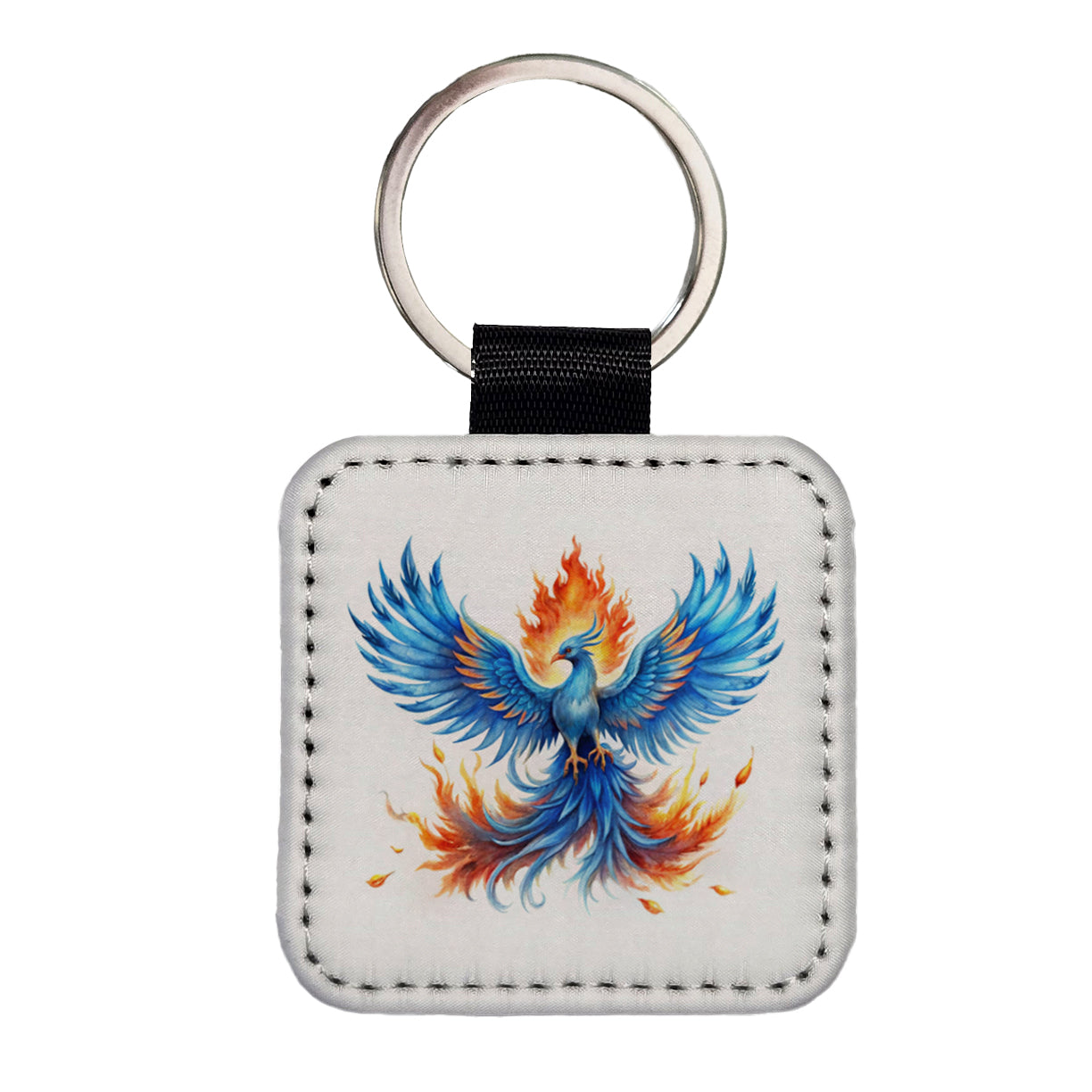 Flaming Blue Phoenix Rising Fantasy Watercolor Square Faux Leather Keychain