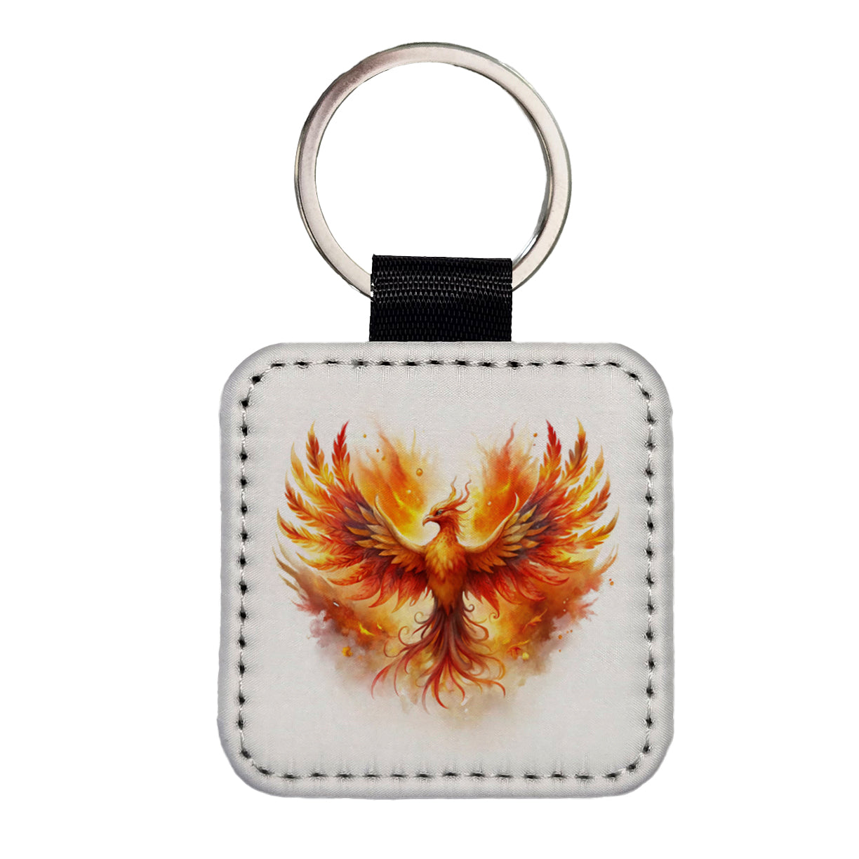 Flaming Phoenix Rising Fantasy Watercolor Square Faux Leather Keychain