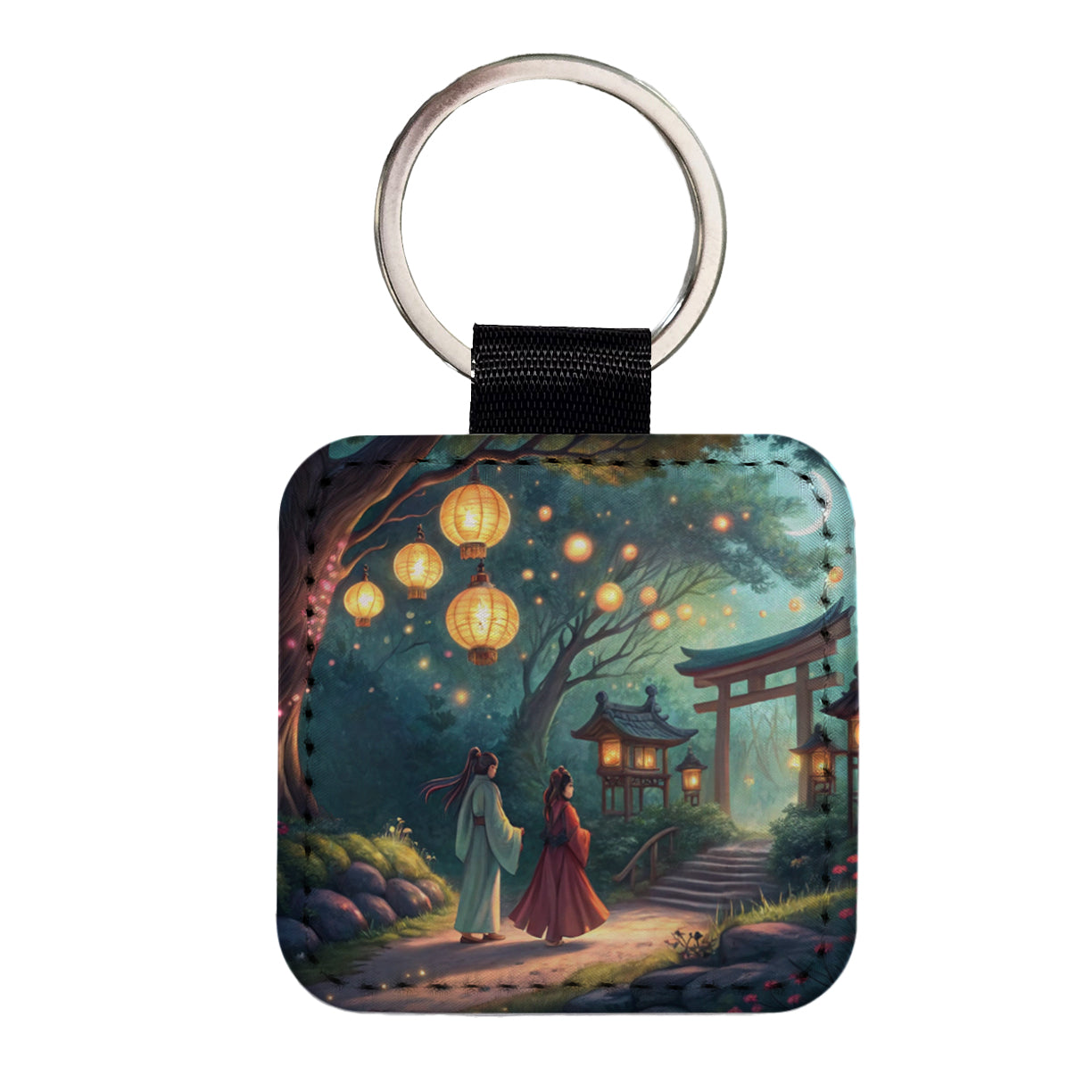Forest Temple Entrance Torii Gate Fantasy Japanese Anime Style Square Faux Leather Keychain