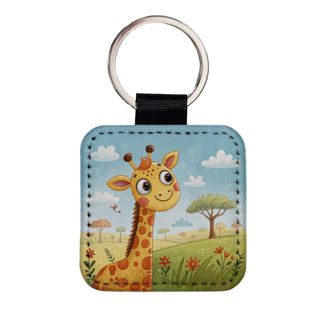 Giraffe Children's Illustration Style Square Faux Leather Keychain