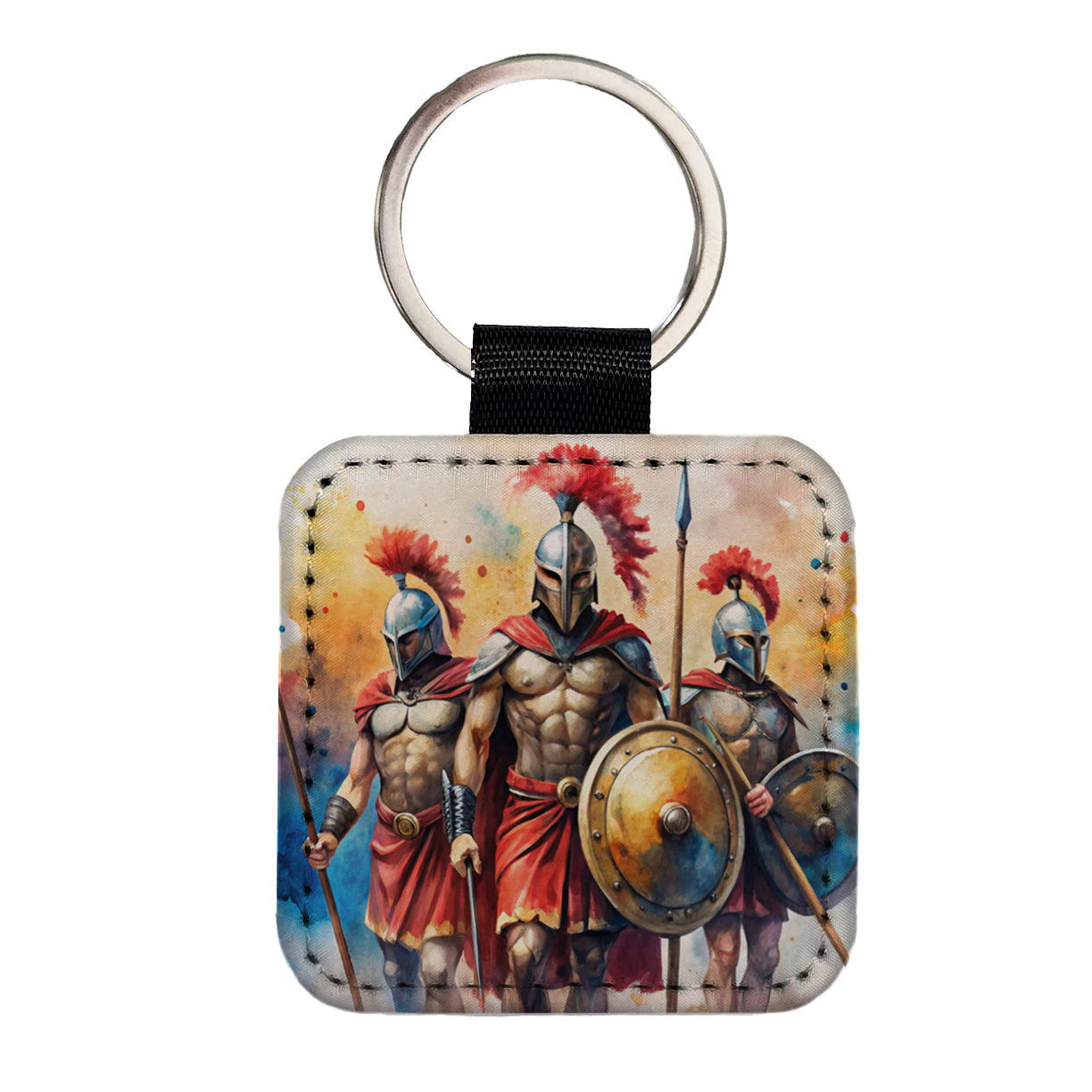 Greek Warriors Spartans Watercolor Square Faux Leather Keychain