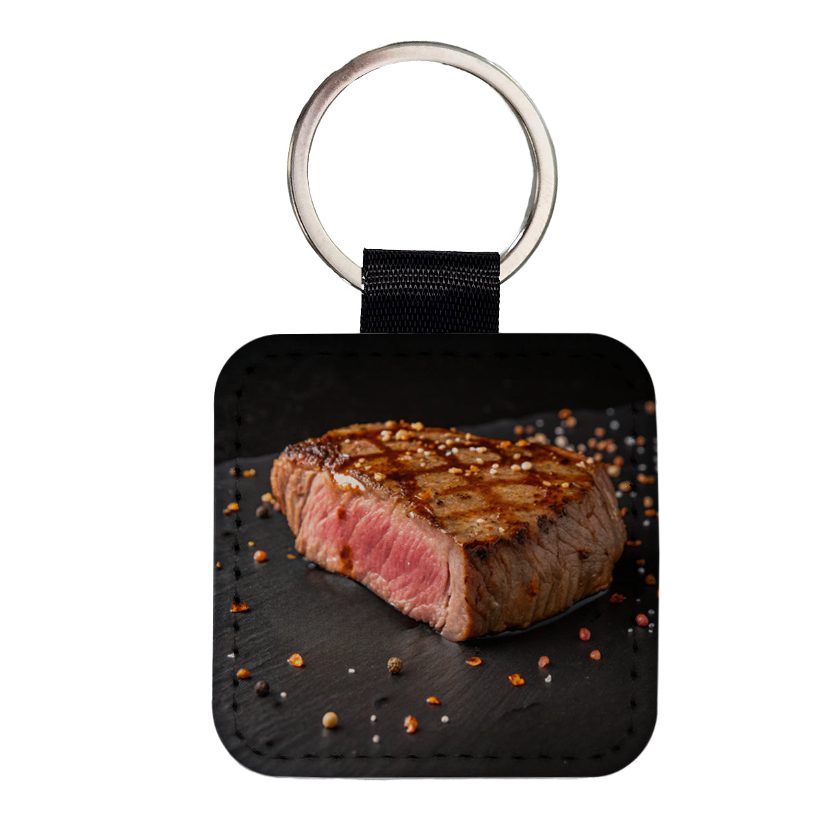 Grilled Juicy Steak Filet Square Faux Leather Keychain