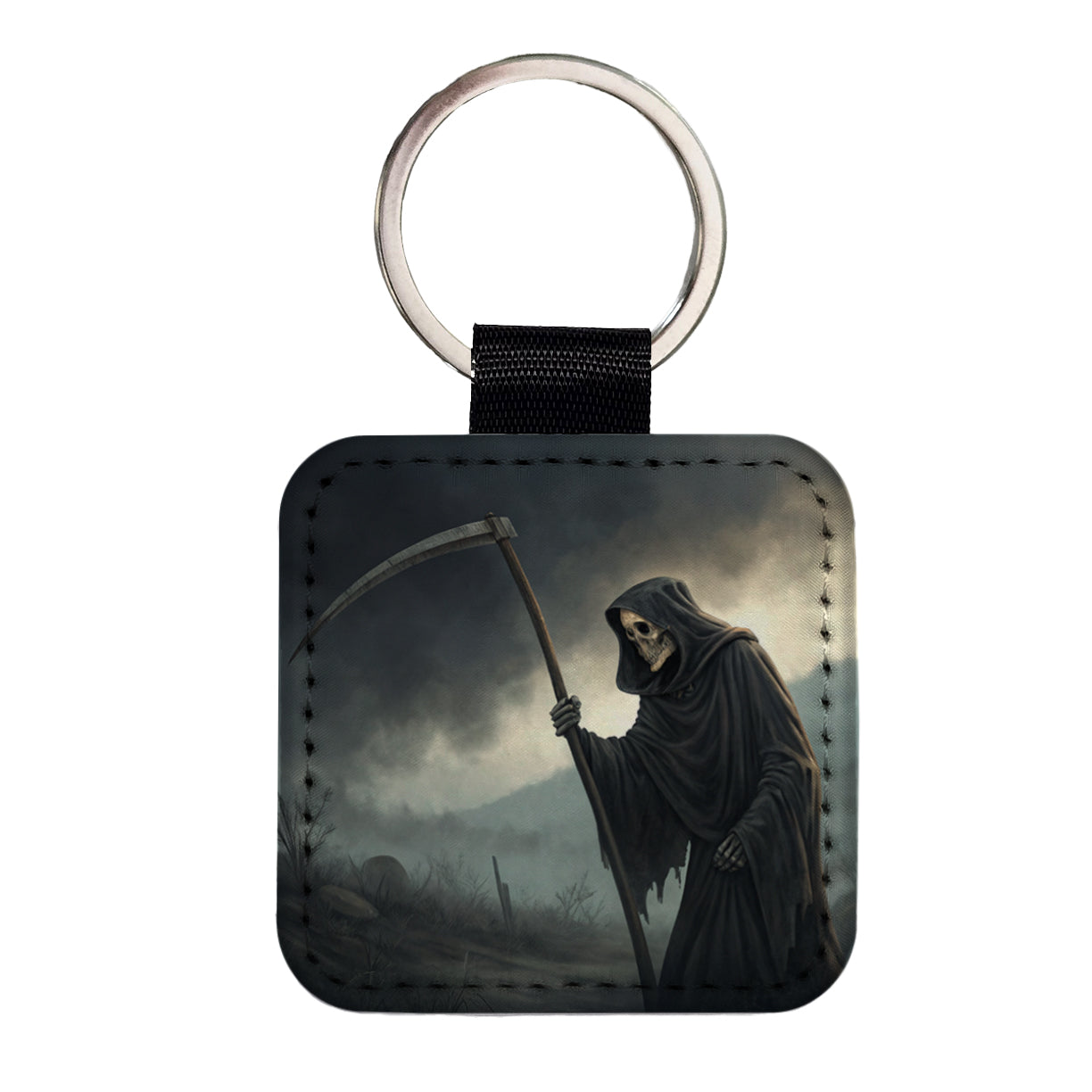 Grim Reaper Death Halloween Square Faux Leather Keychain