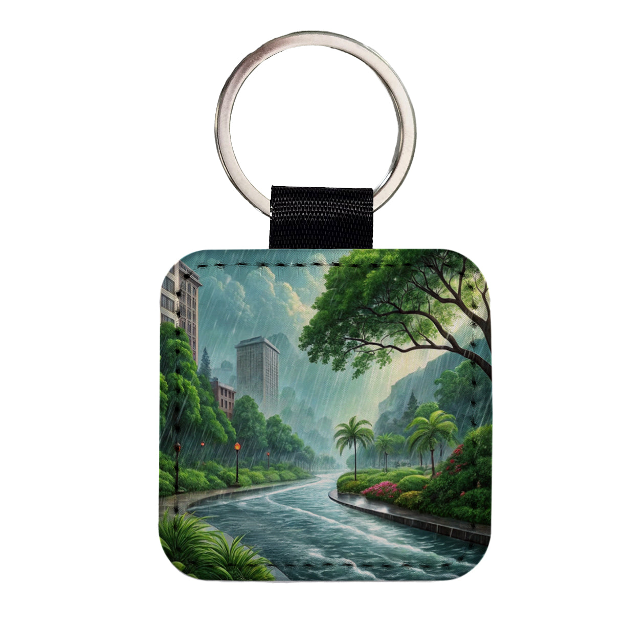 Heavy Monsoon Rain Storm City Landscape Square Faux Leather Keychain