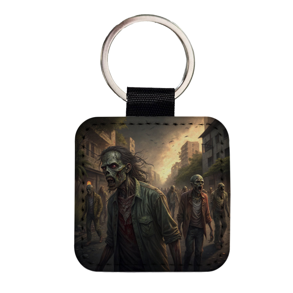 Horde Of Zombies Monsters Halloween Square Faux Leather Keychain