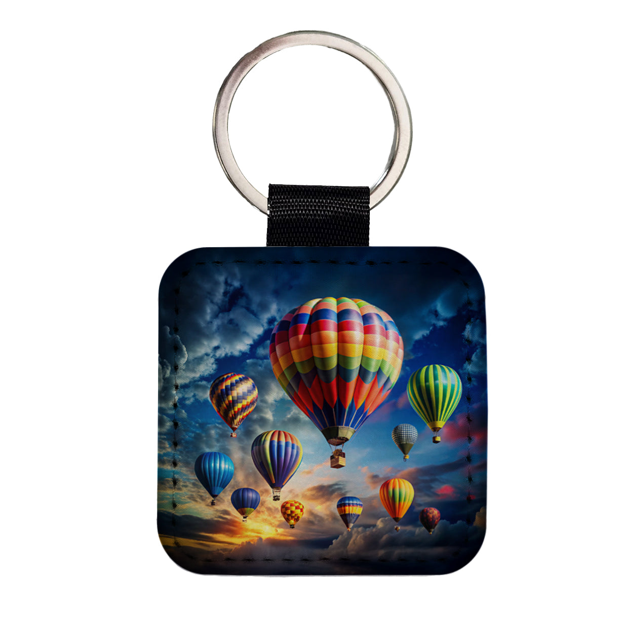 Hot Air Balloons Against a Cloud Covered Deep Blue Sky Square Faux Leather Keychain