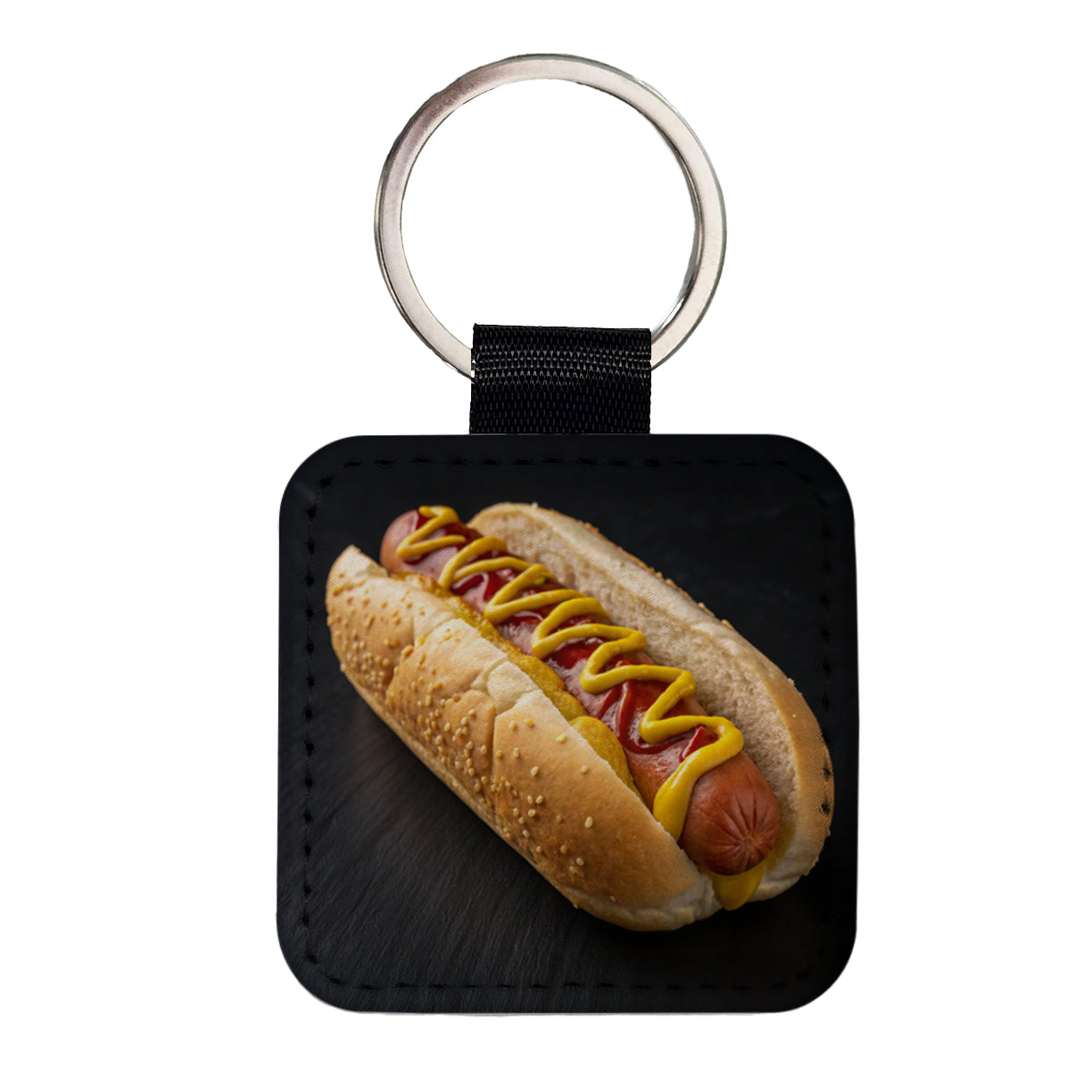 Hot Dog In Bun With Mustard and Ketchup Square Faux Leather Keychain