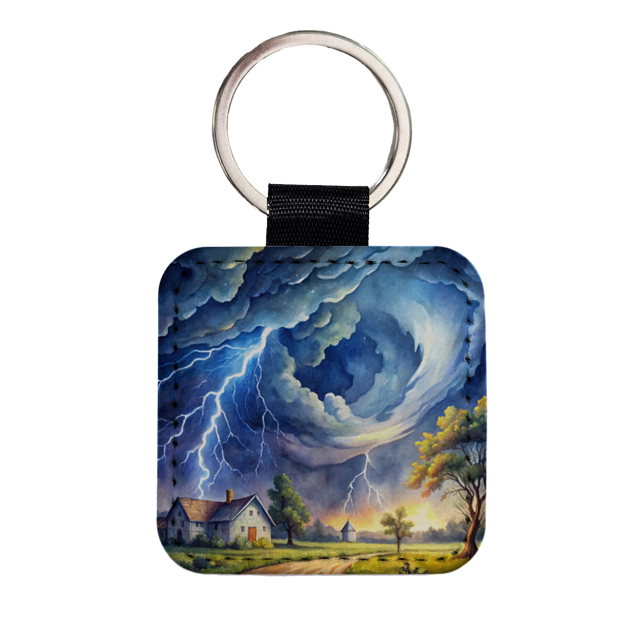 Hurricane and Lightning At Night in the Country Watercolor Square Faux Leather Keychain