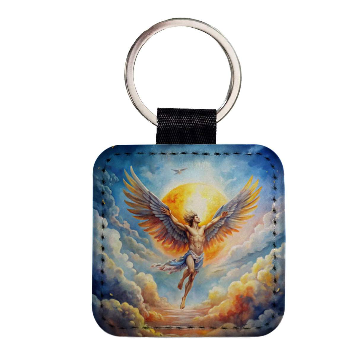 Icarus Flying Too Close To The Sun Greek Myth Watercolor Square Faux Leather Keychain