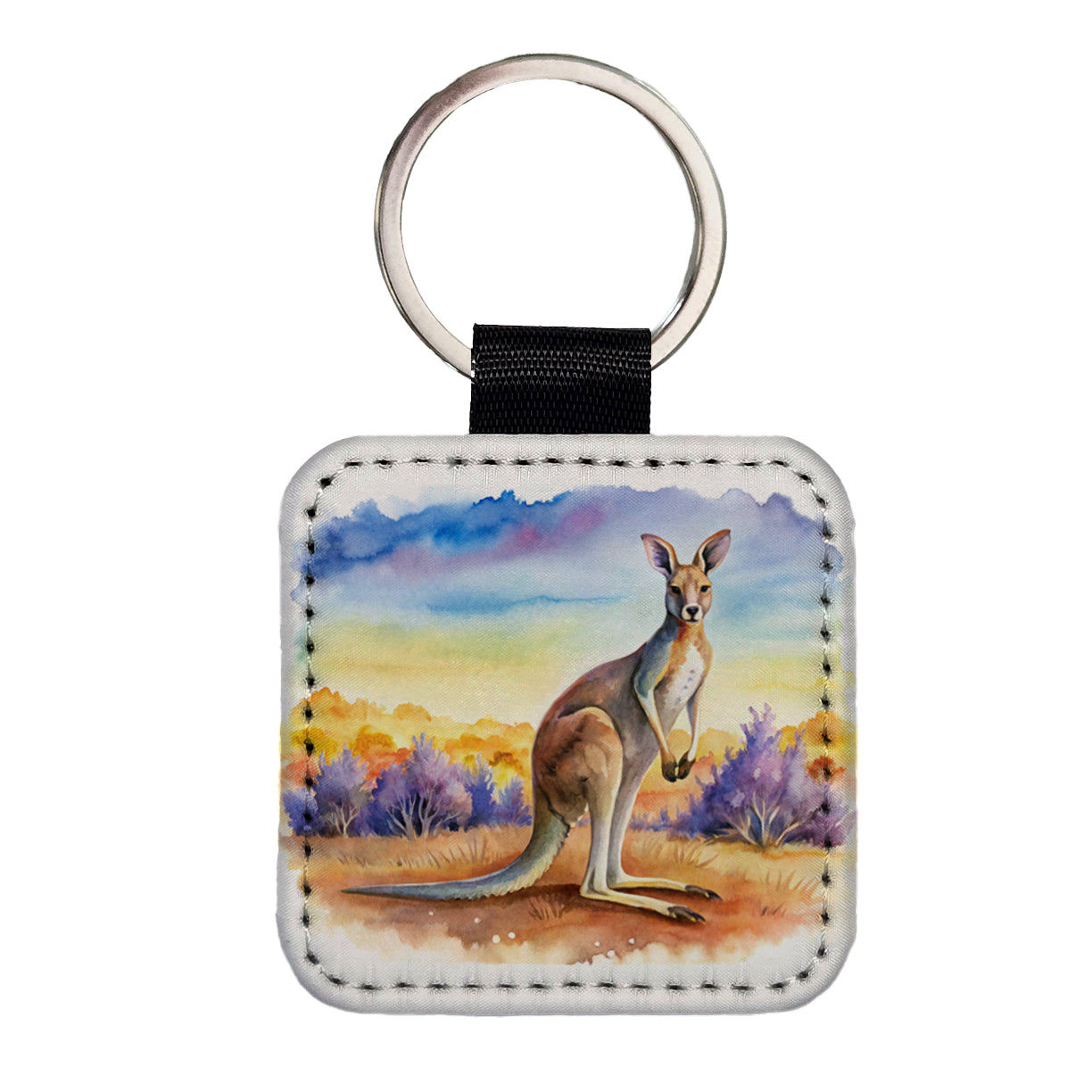 Kangaroo In The Fields Of Australia Watercolor Square Faux Leather Keychain