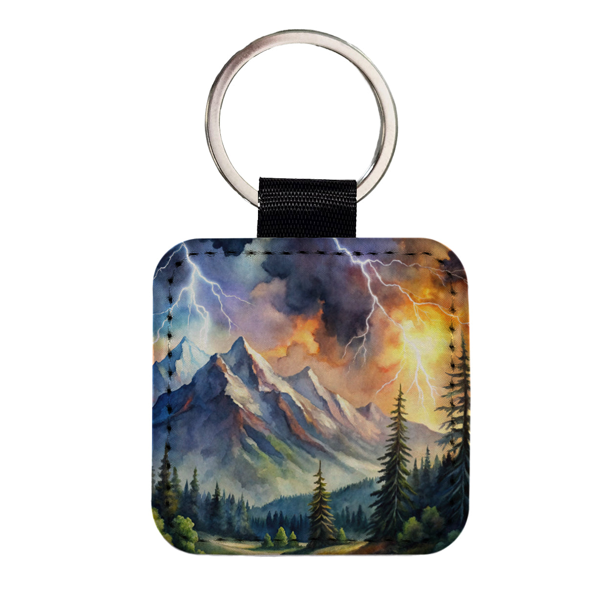 Lighting In The Mountains Watercolor Square Faux Leather Keychain