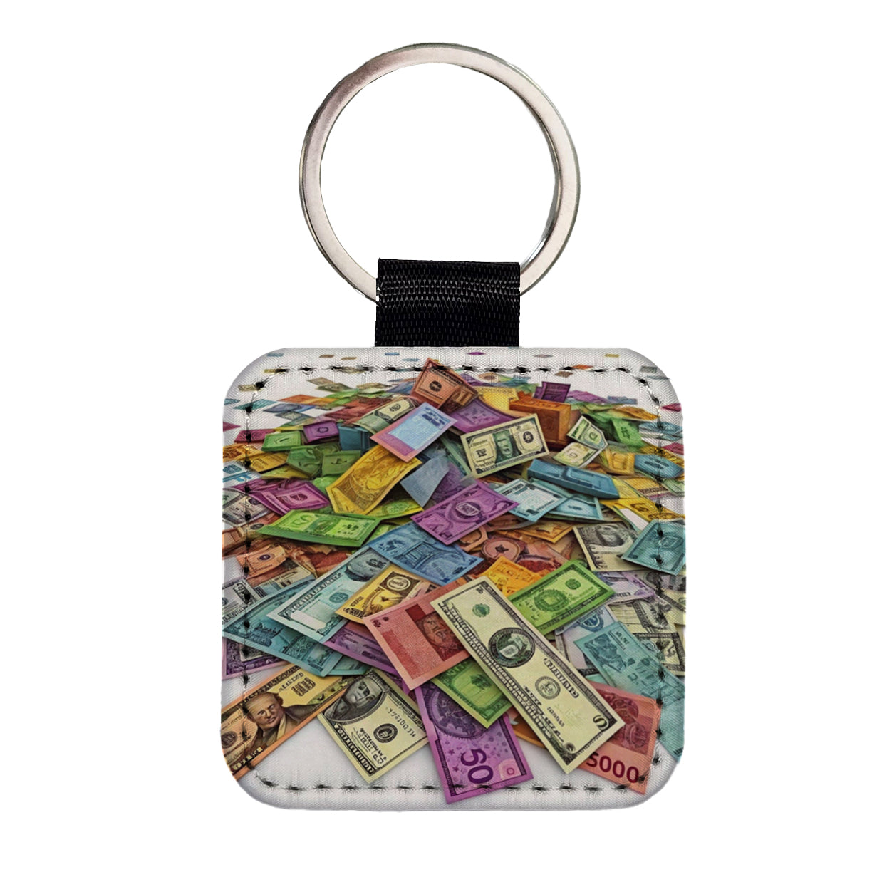 Lots of Colorful Money Monetary Bills Square Faux Leather Keychain