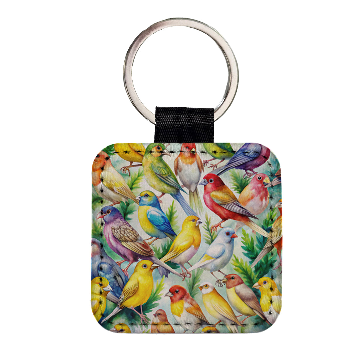 Many Colorful Canary Birds Watercolor Square Faux Leather Keychain
