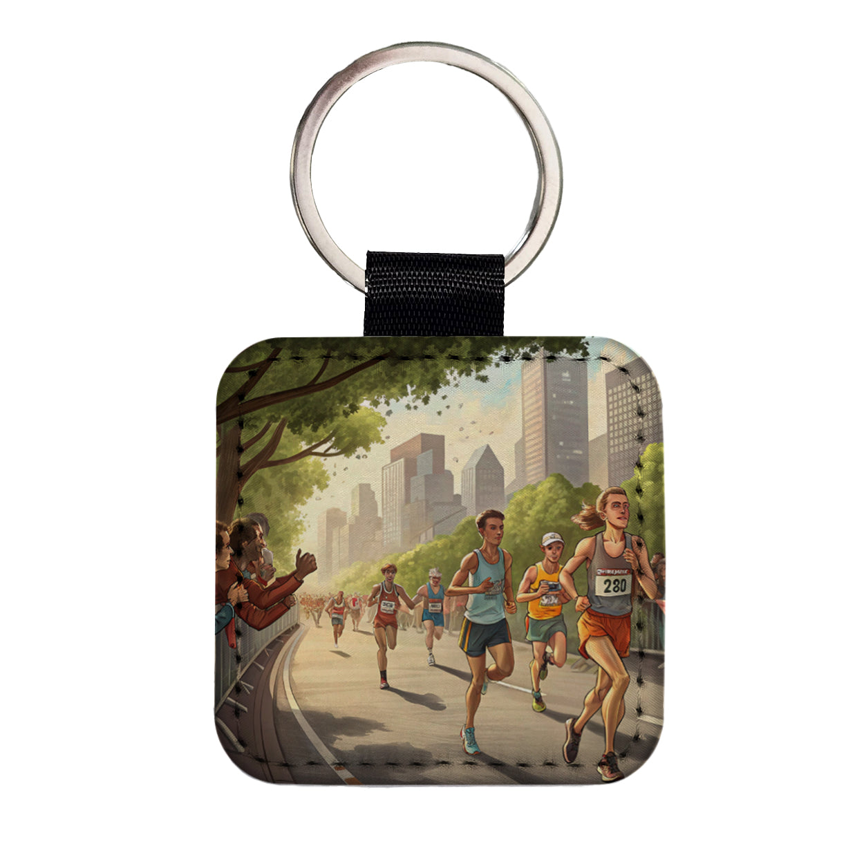 Marathon Running Race Jogging Square Faux Leather Keychain