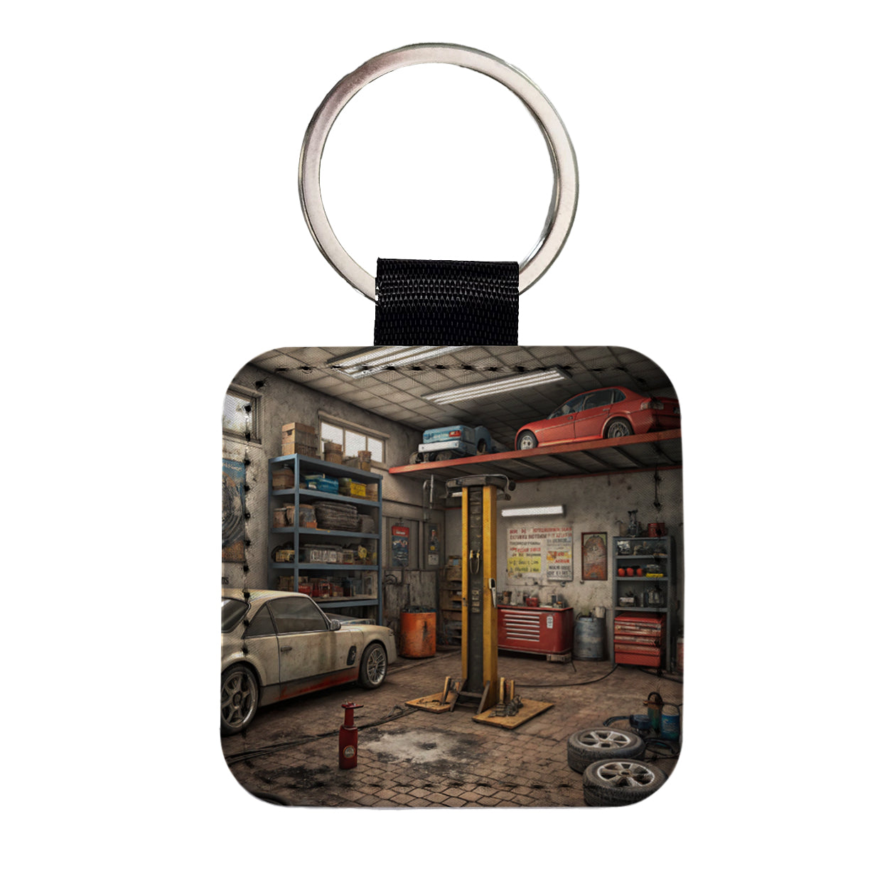 Mechanic Auto Garage Shop Square Faux Leather Keychain