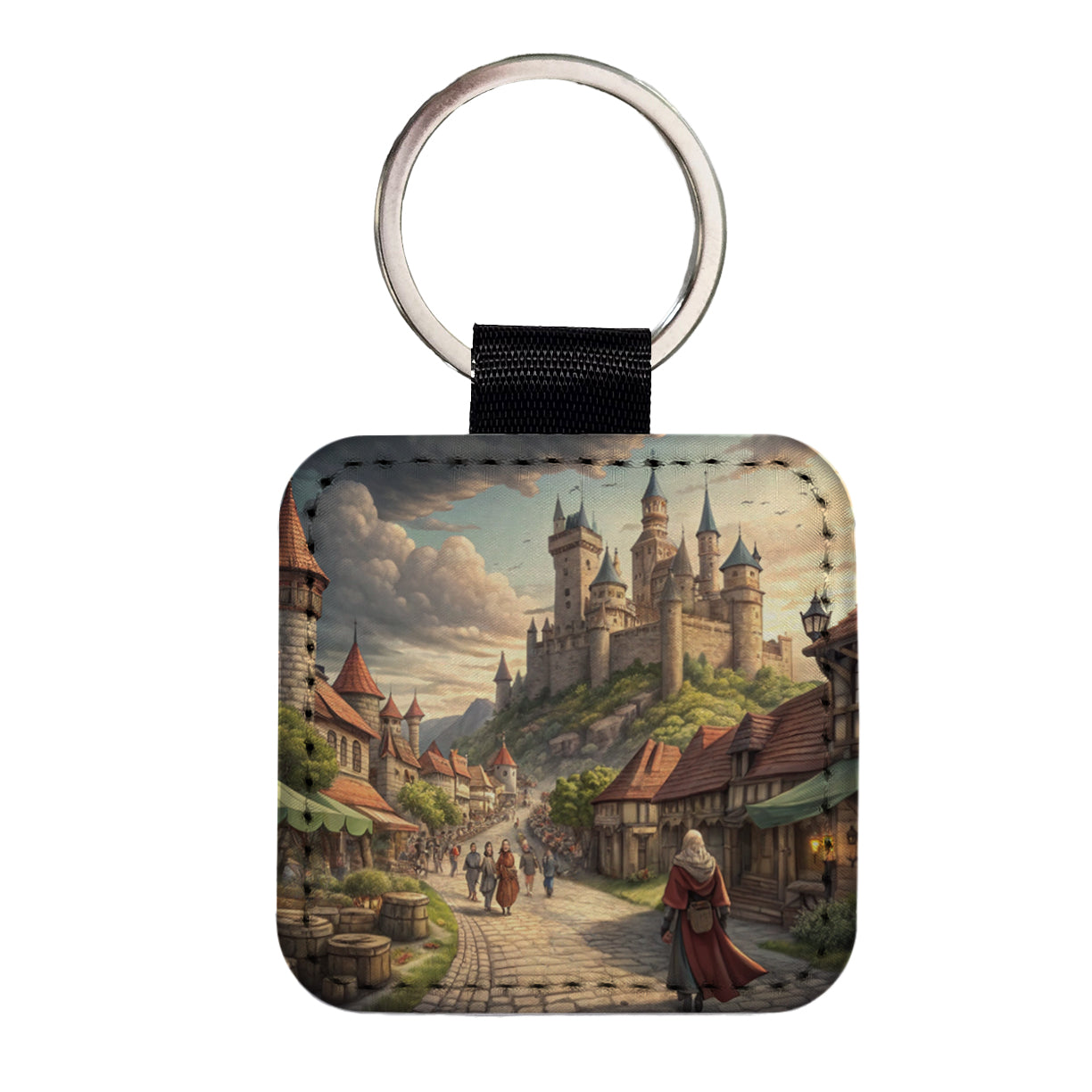 Medieval Kingdom Village with Castle Square Faux Leather Keychain