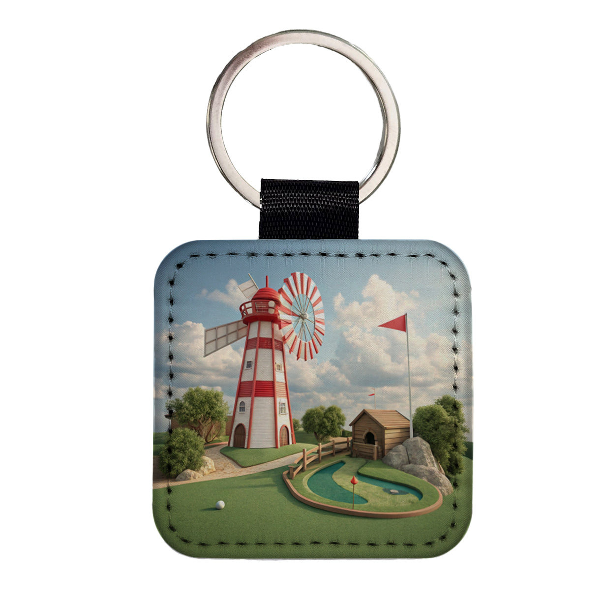Miniature Golf Course Windmill Square Faux Leather Keychain