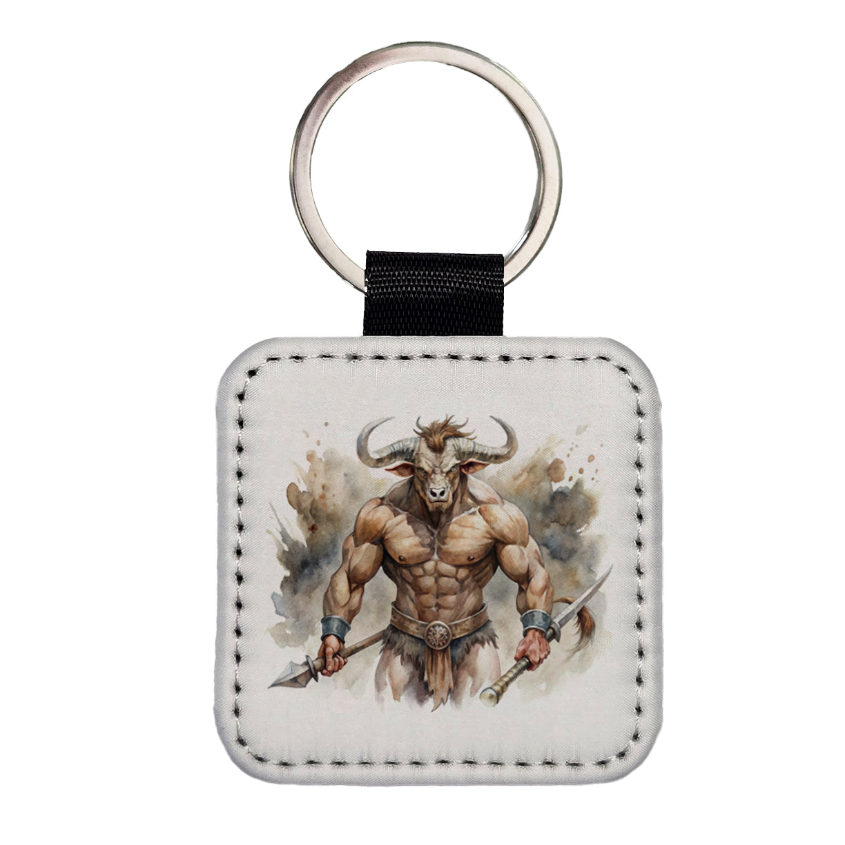 Minotaur Greek Mythology Watercolor Square Faux Leather Keychain