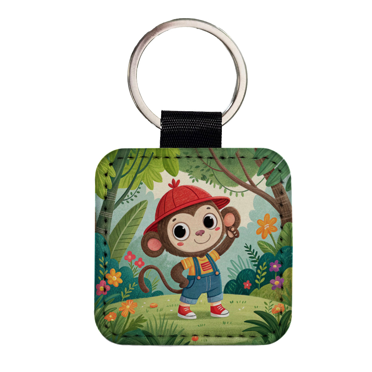Monkey Children's Illustration Style Square Faux Leather Keychain