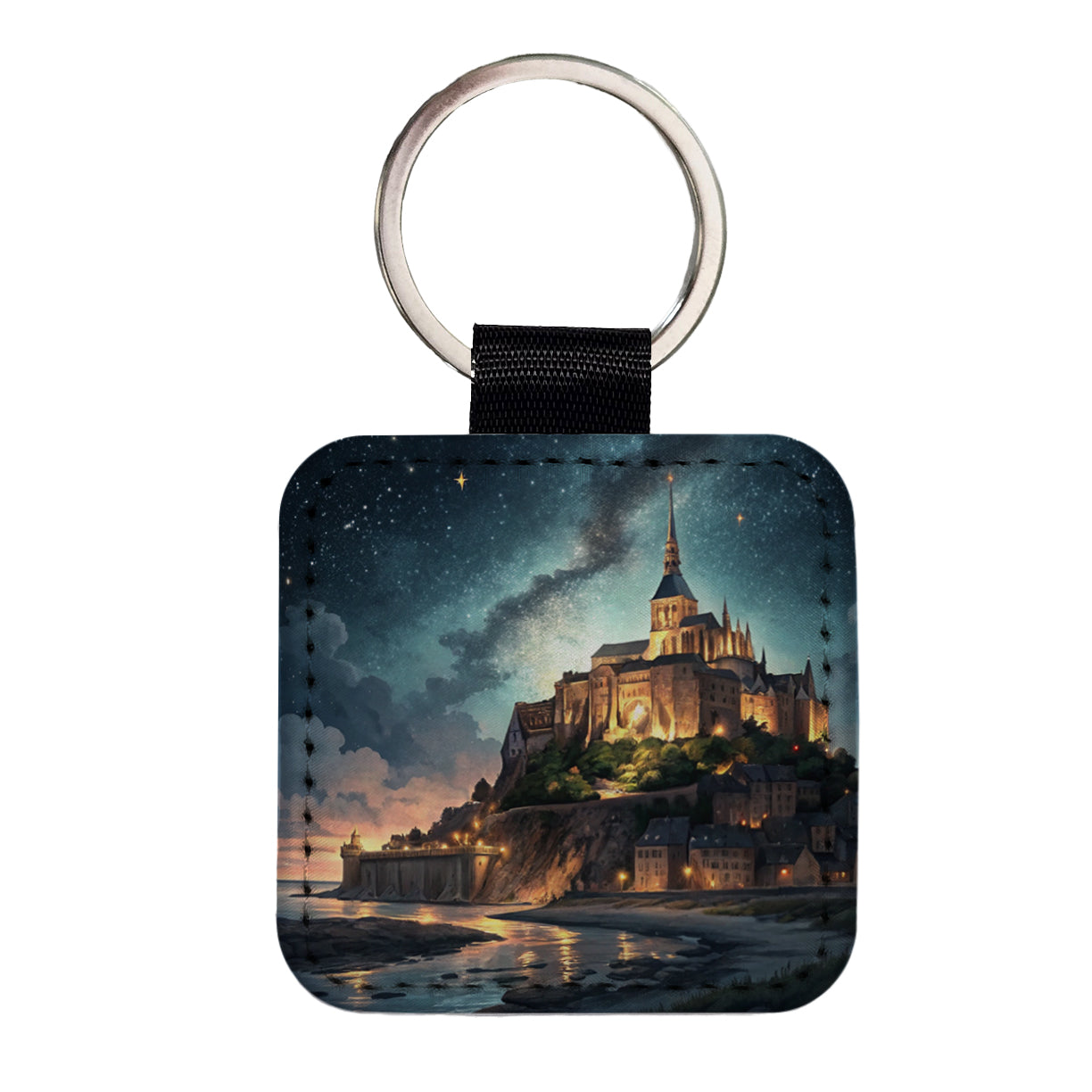Mont Saint Michel Monastery Lit Up At Night Normandy Square Faux Leather Keychain
