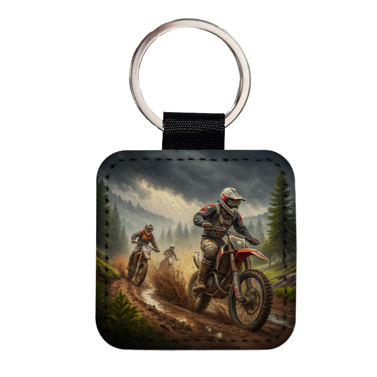 Motocross Off Road Dirt Bikes Racing Square Faux Leather Keychain
