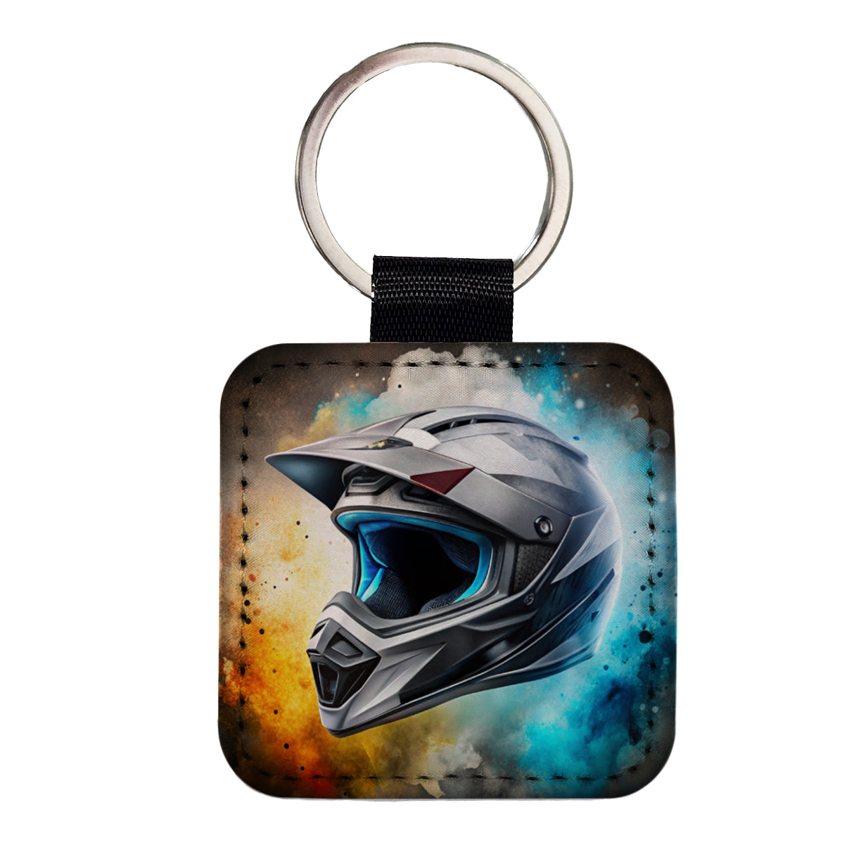 Motocross Racing Bike Helmet Black Watercolor Square Faux Leather Keychain