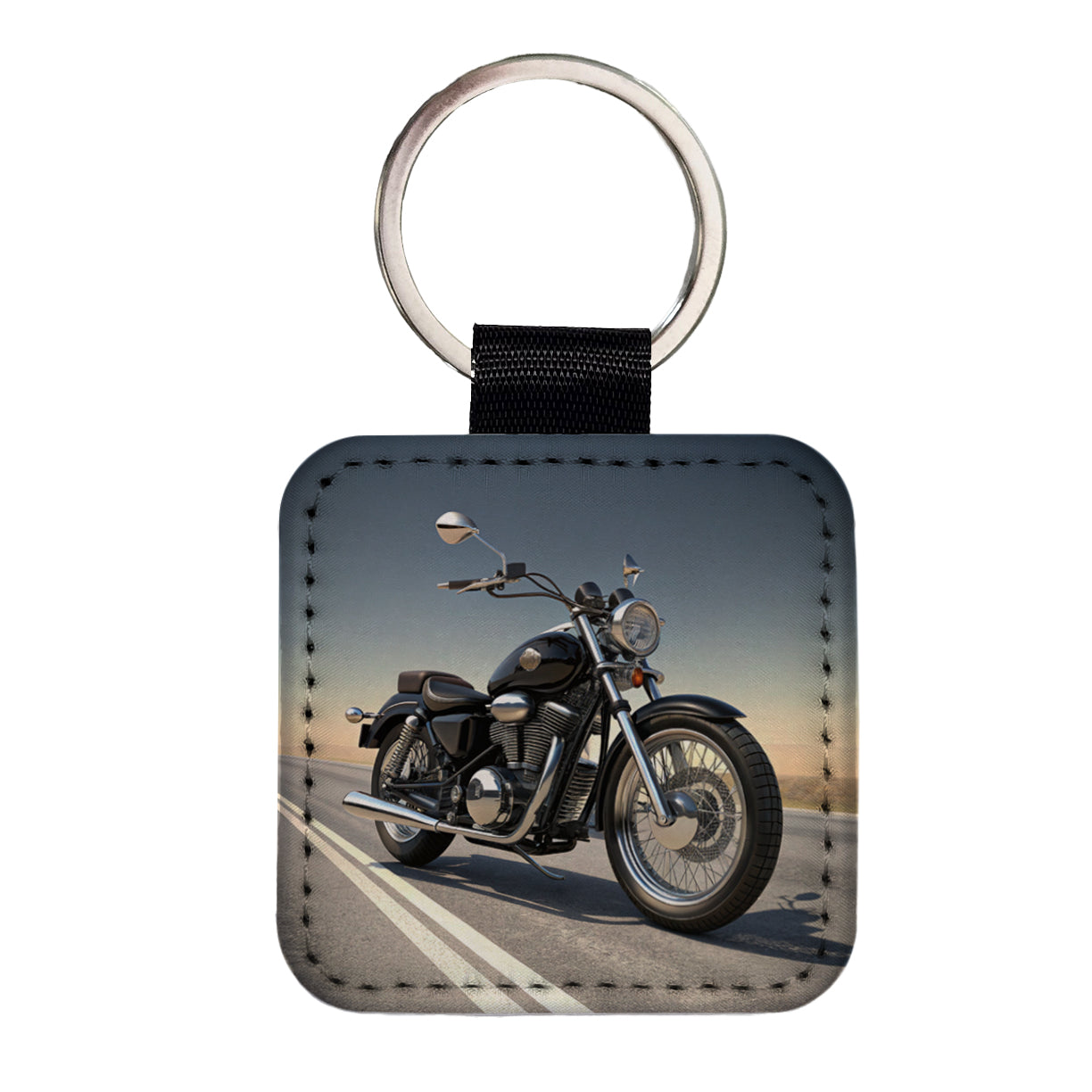 Motorcycle on the Road Square Faux Leather Keychain