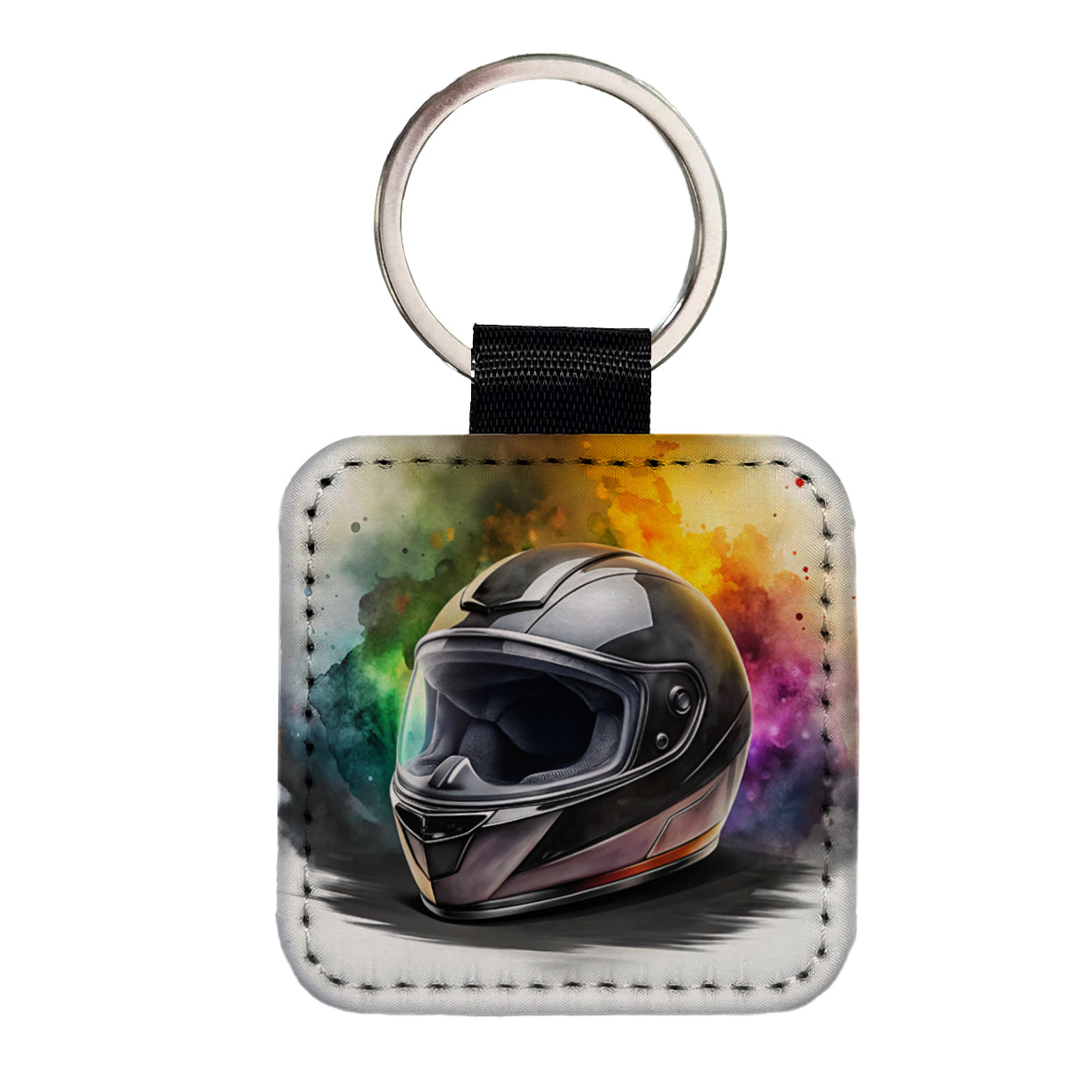 Motorcycle Racing Riding Helmet Watercolor Square Faux Leather Keychain