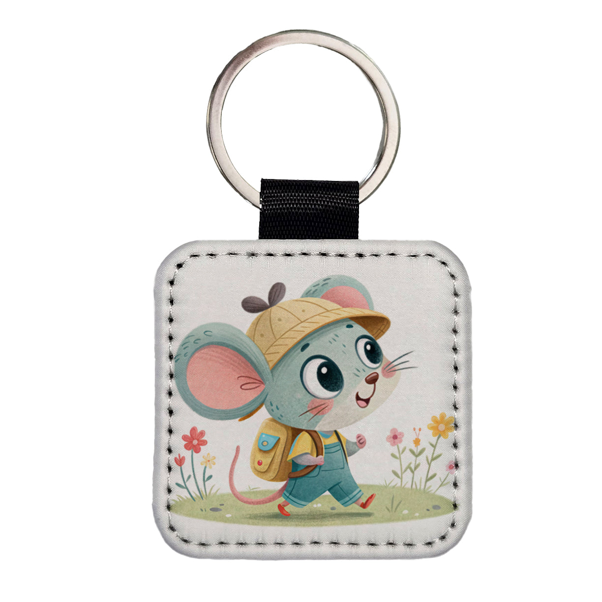 Mouse Children's Illustration Style Square Faux Leather Keychain