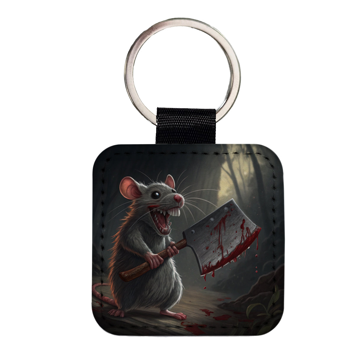 Mouse Holding A Bloody Meat Cleaver Halloween Scary Square Faux Leather Keychain