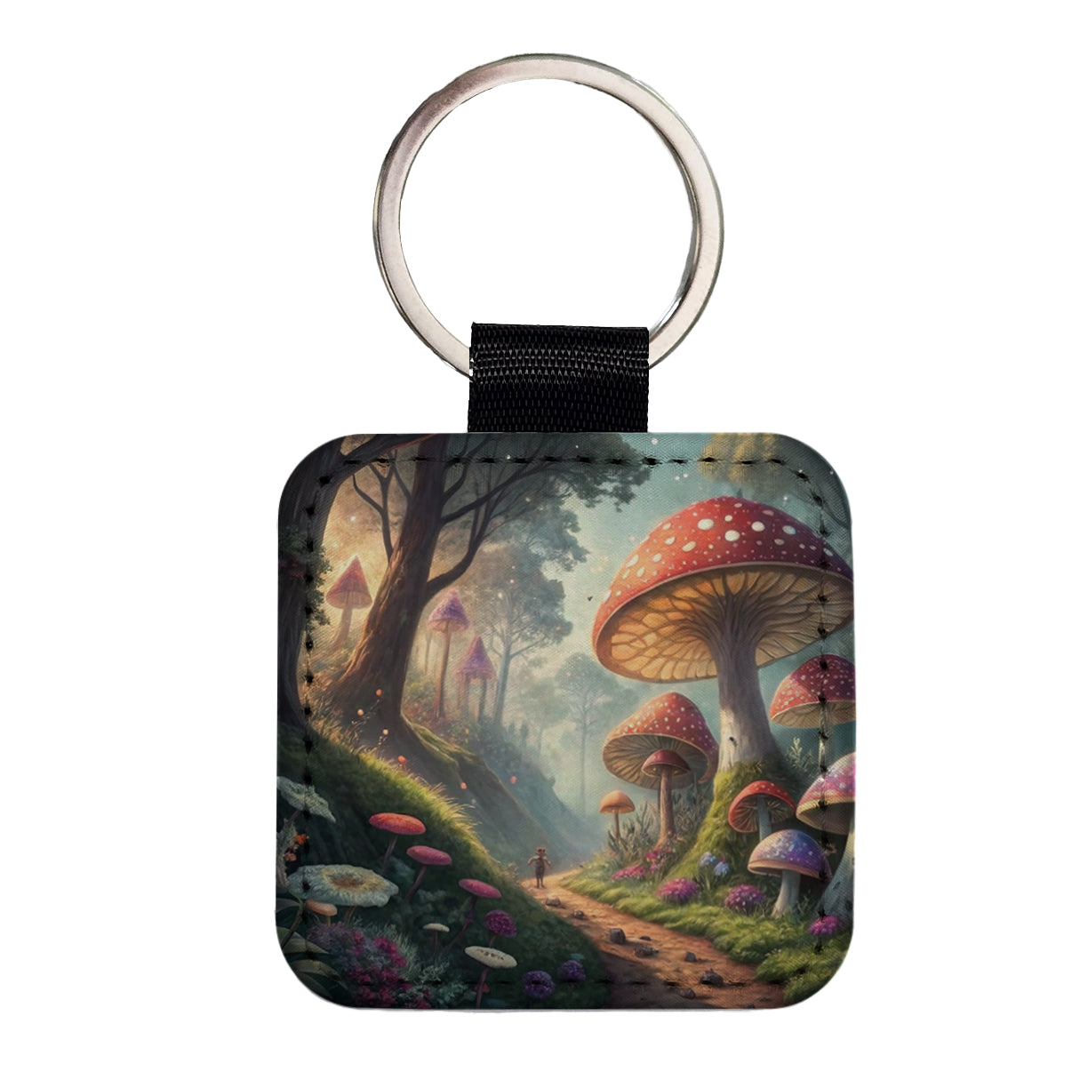 Mushroom Forest Anime Style Fantasy Square Faux Leather Keychain