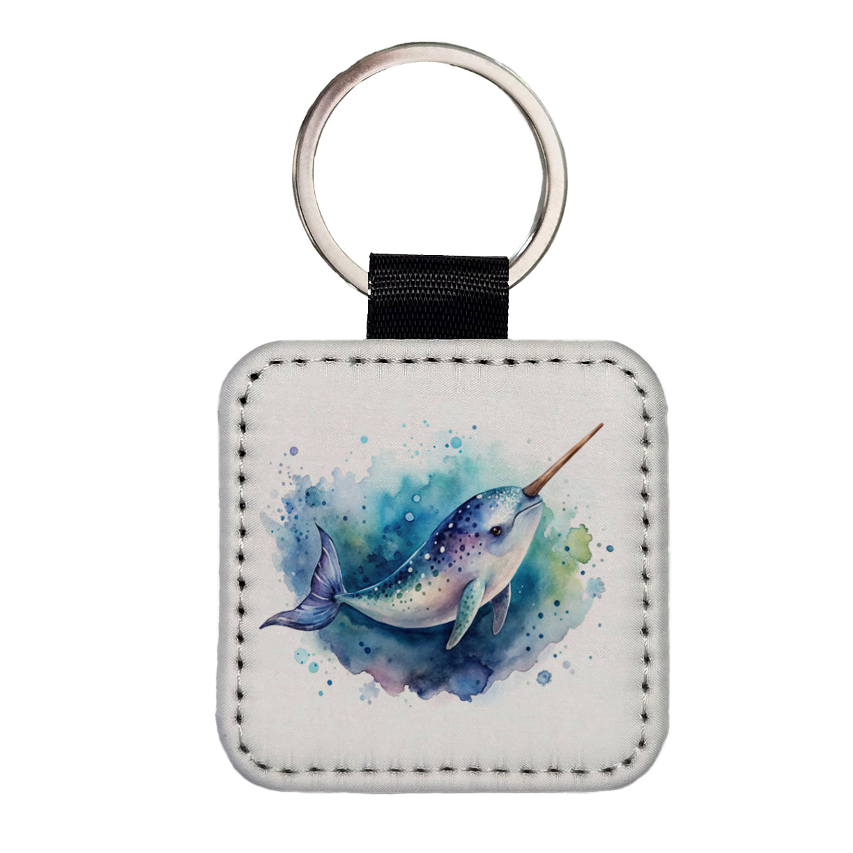 Narwhal Swimming Unicorn of the Sea Watercolor Square Faux Leather Keychain