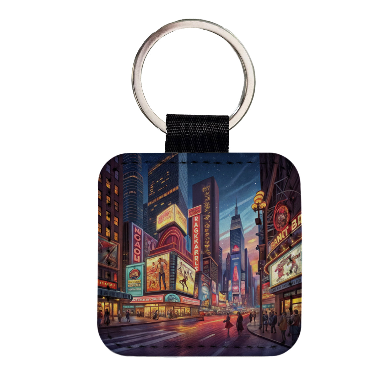 Neon Lights of City Center at Night Square Faux Leather Keychain