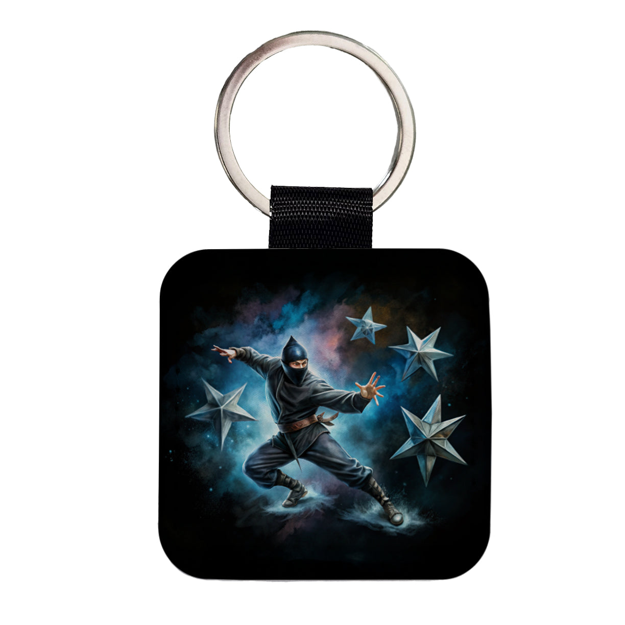 Ninja Warrior Throwing Stars Black Watercolor Square Faux Leather Keychain