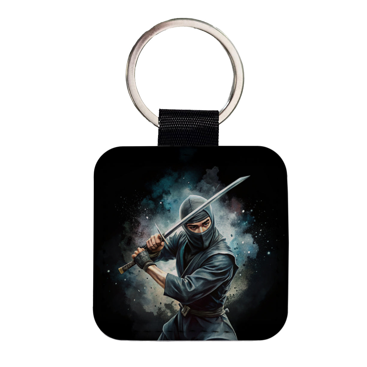 Ninja With Katana Black Watercolor Square Faux Leather Keychain