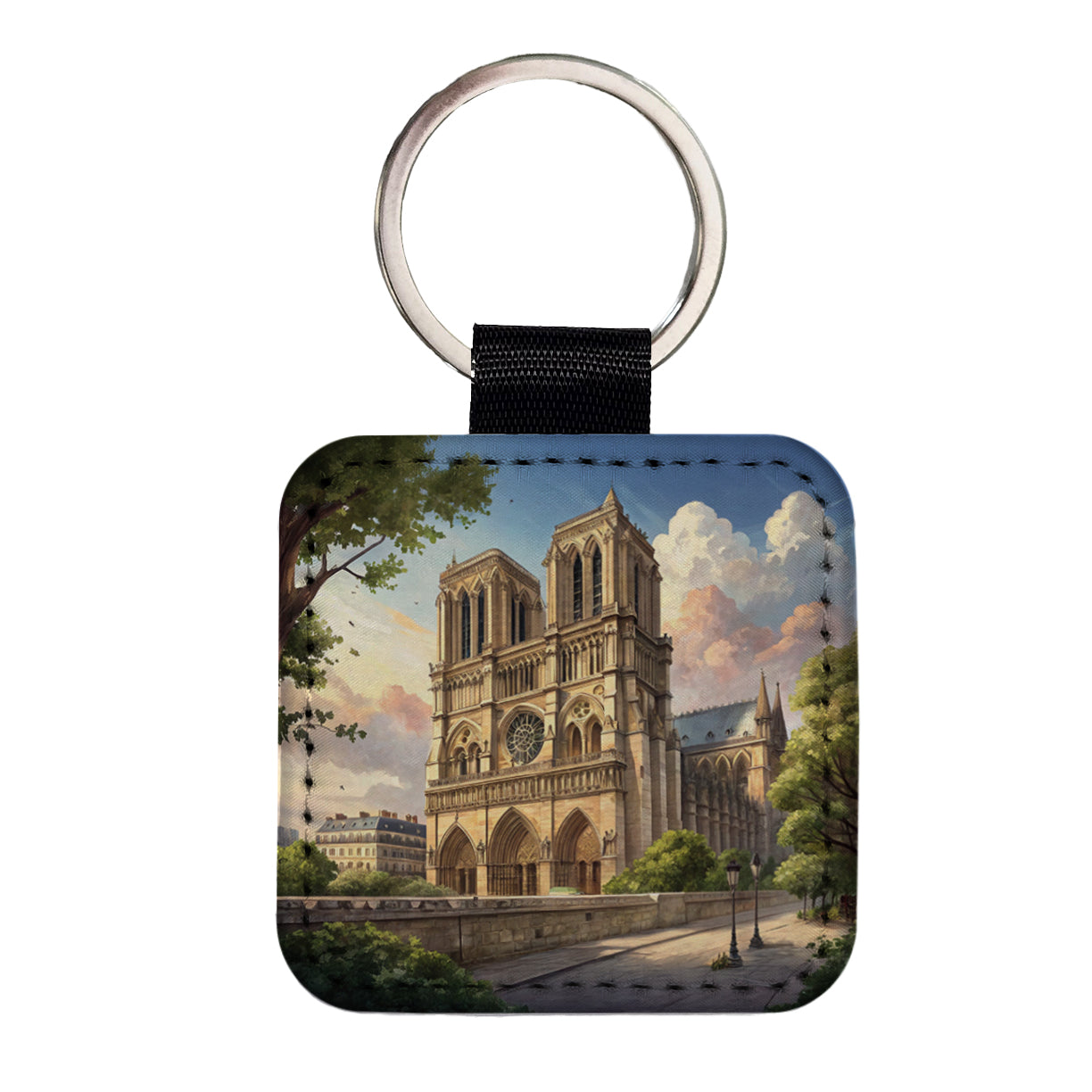 Notre Dame Church Paris France Square Faux Leather Keychain