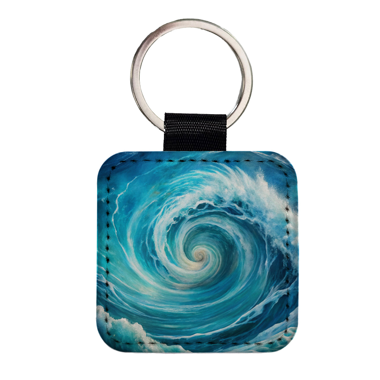 Ocean Spiral Whirlpool Watercolor Square Faux Leather Keychain