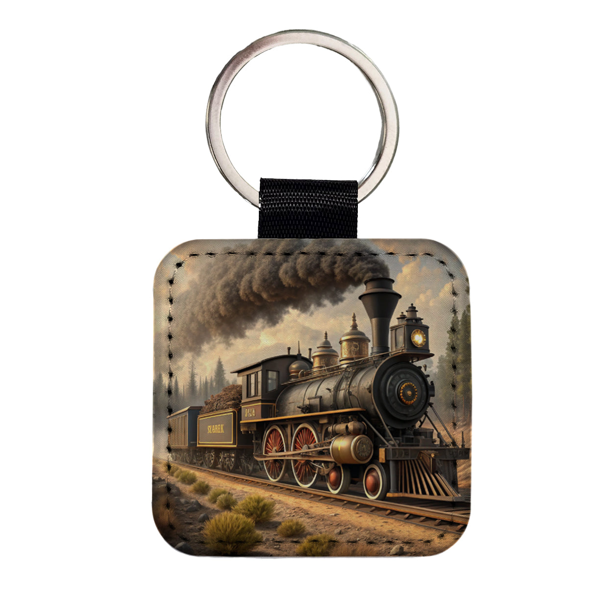 Old West Steam Locomotive Western Square Faux Leather Keychain