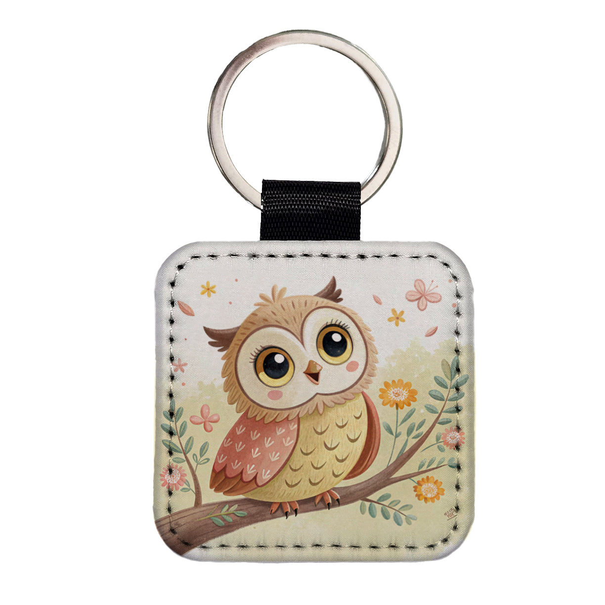 Owl Children's Illustration Style Square Faux Leather Keychain