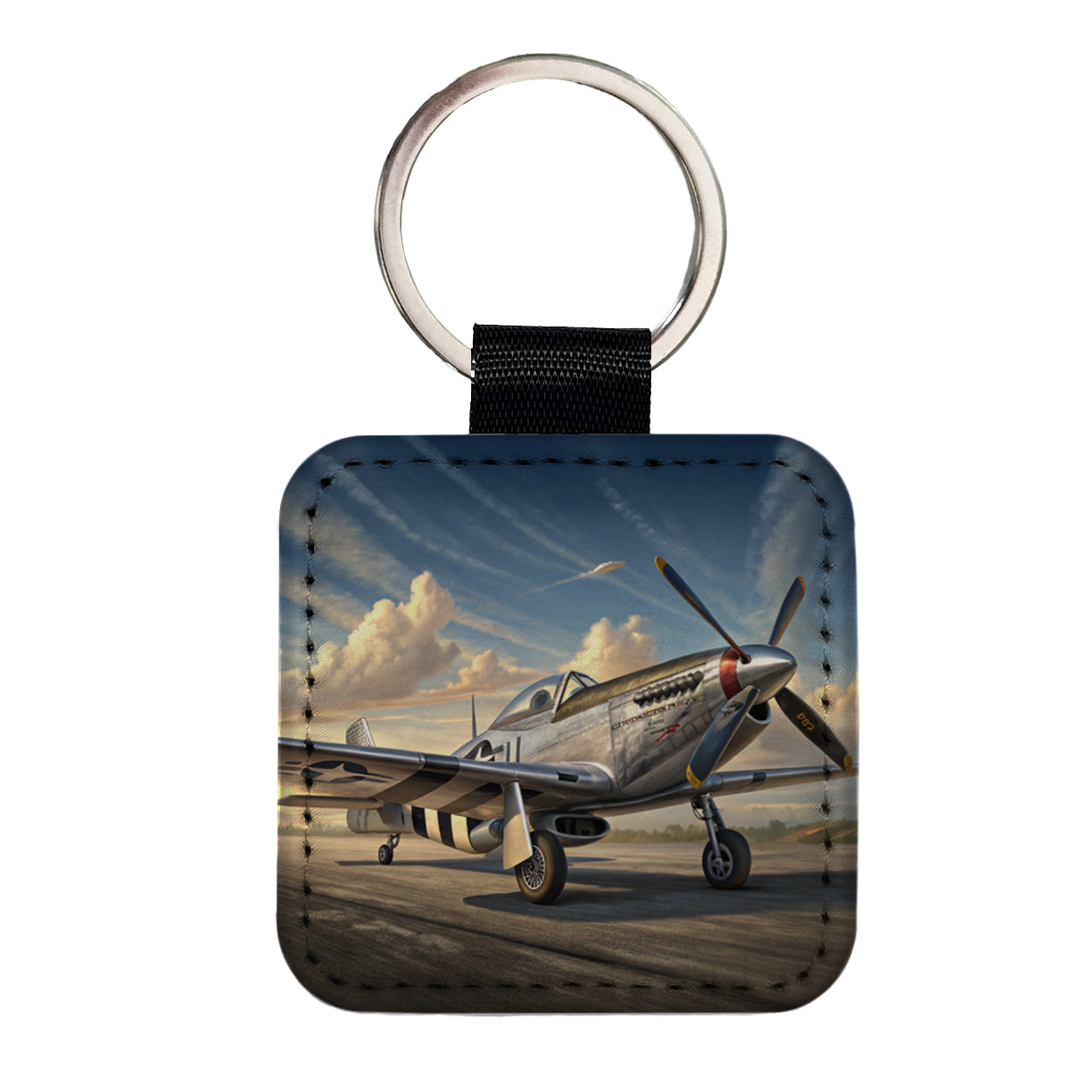 P-51 Mustang WWII US Fighter Plane Square Faux Leather Keychain