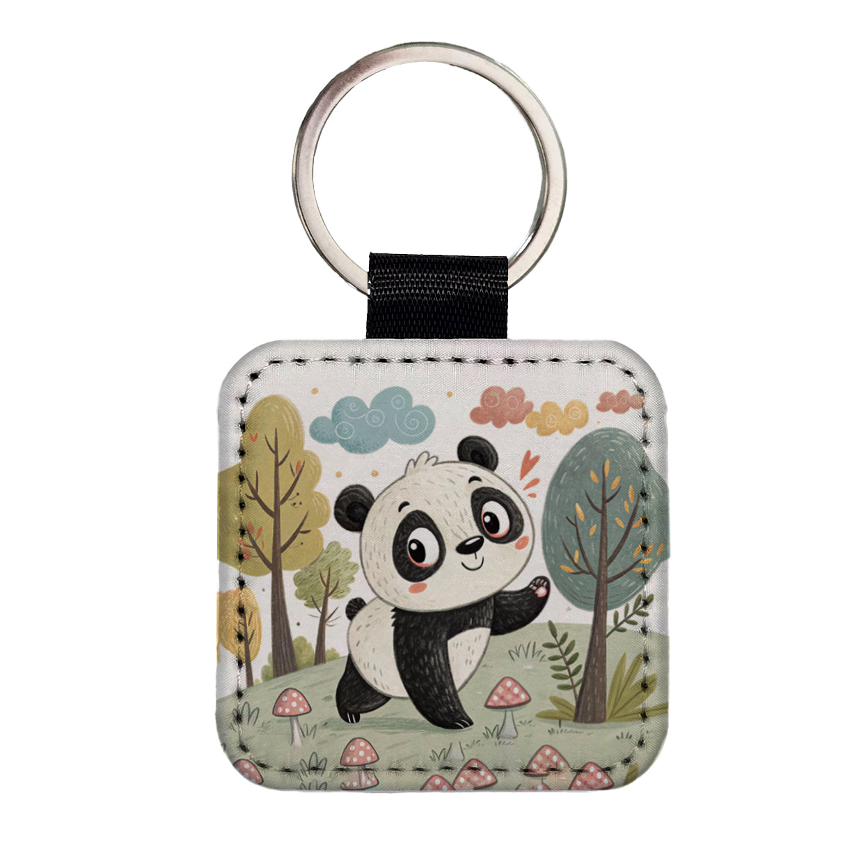 Panda Children's Illustration Style Square Faux Leather Keychain