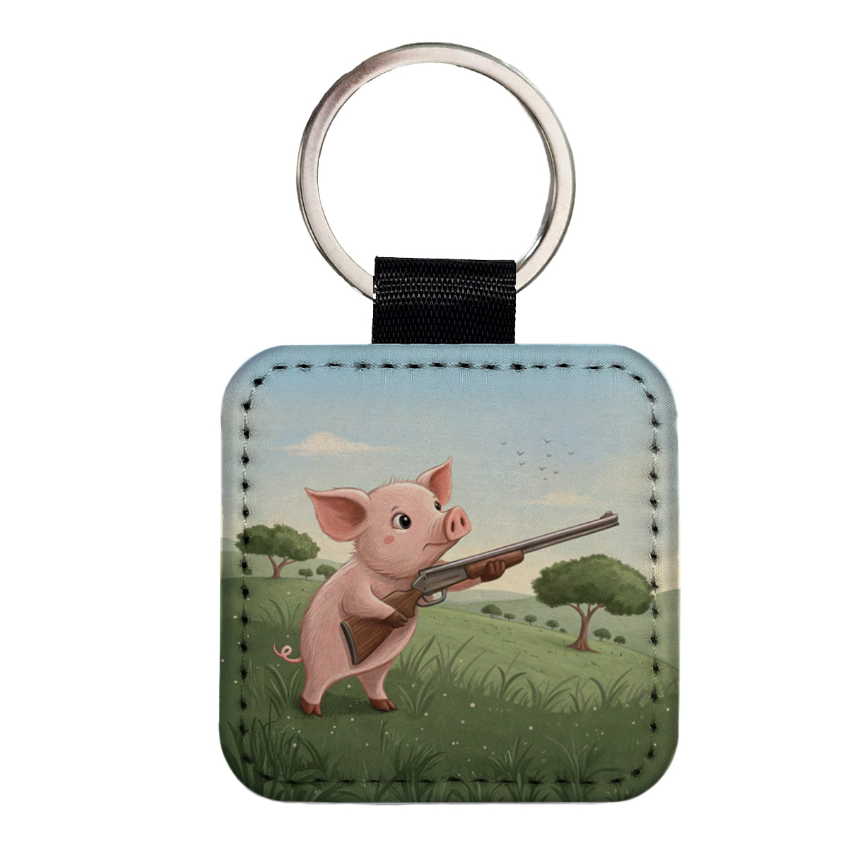 Pink Pig With A Shotgun Square Faux Leather Keychain