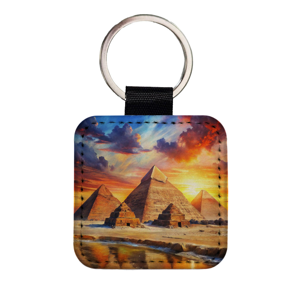 Pyramids Of Giza Egypt At Sunset Watercolor Square Faux Leather Keychain