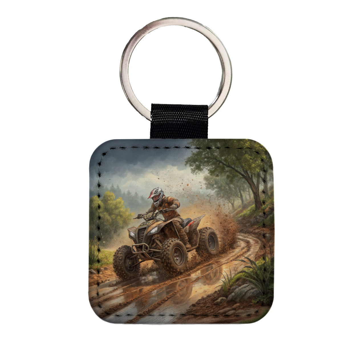 Quad ATV Off-Road Mud Racing Square Faux Leather Keychain