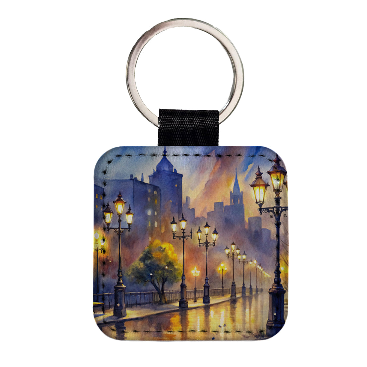 Raining In The City At Night Watercolor Square Faux Leather Keychain