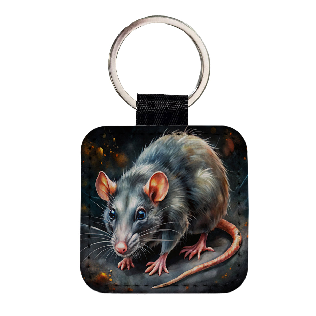 Rat Black Watercolor Square Faux Leather Keychain
