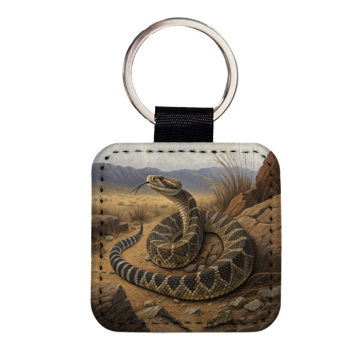 Rattlesnake Reptile on the Prairie Desert Square Faux Leather Keychain